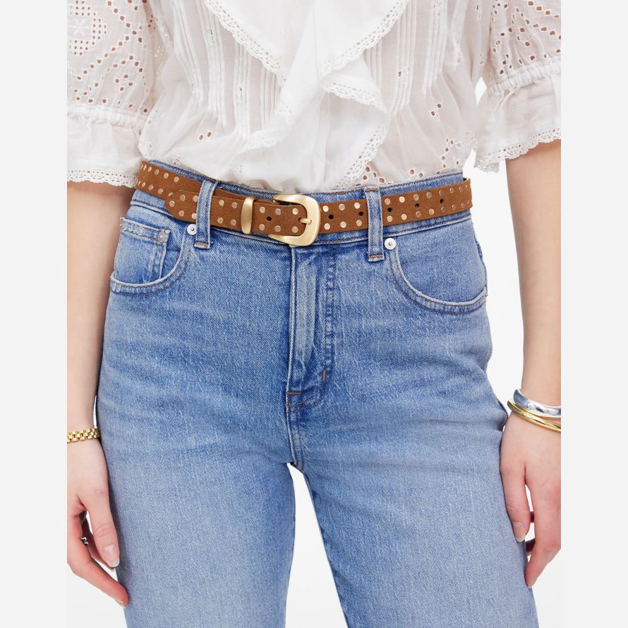 womens madewell flat studded western belt brown