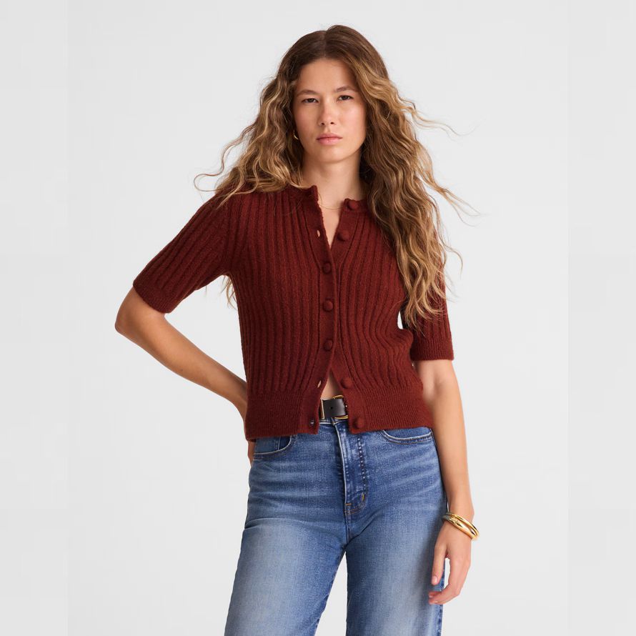 red brown madewell short puff-sleeve womens cardigan
