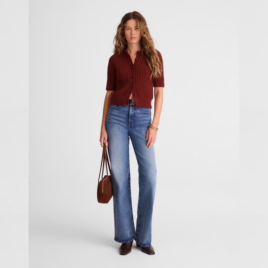 red brown madewell short puff-sleeve womens cardigan