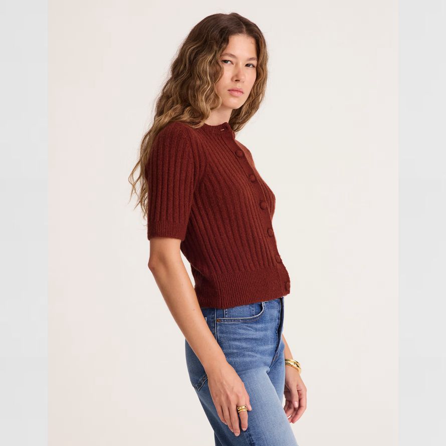 red brown madewell short puff-sleeve womens cardigan