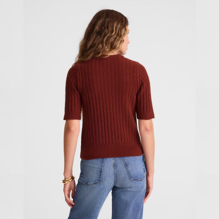 red brown madewell short puff-sleeve womens cardigan