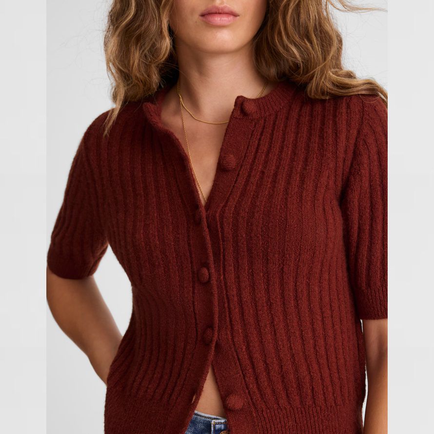 red brown madewell short puff-sleeve womens cardigan