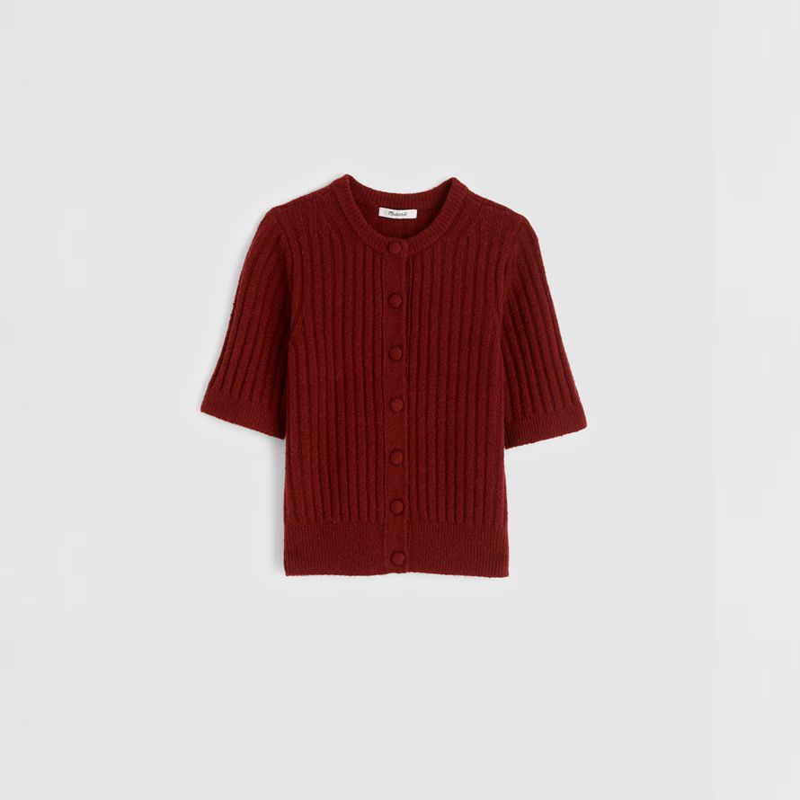 red brown madewell short puff-sleeve womens cardigan