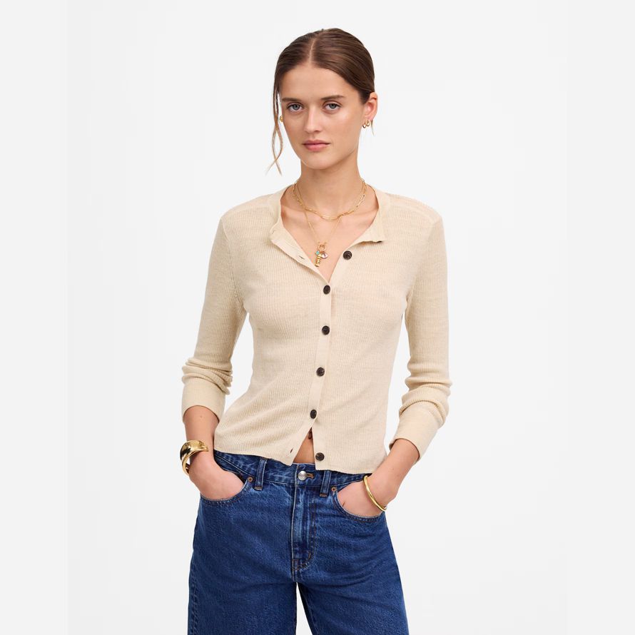 cream madewell linen-blend crewneck womens cardigan