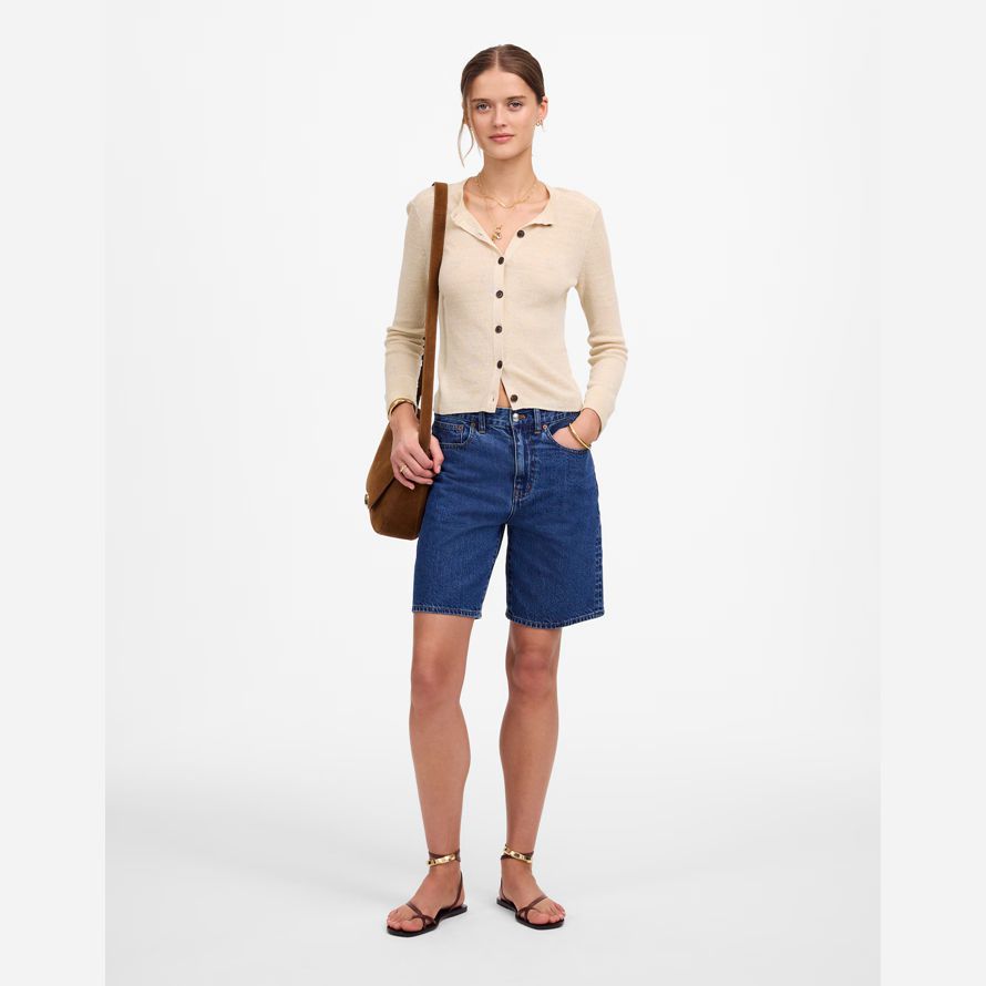 cream madewell linen-blend crewneck womens cardigan