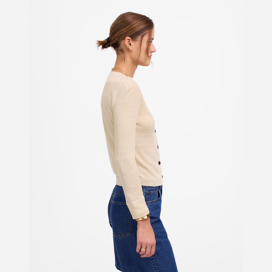 cream madewell linen-blend crewneck womens cardigan