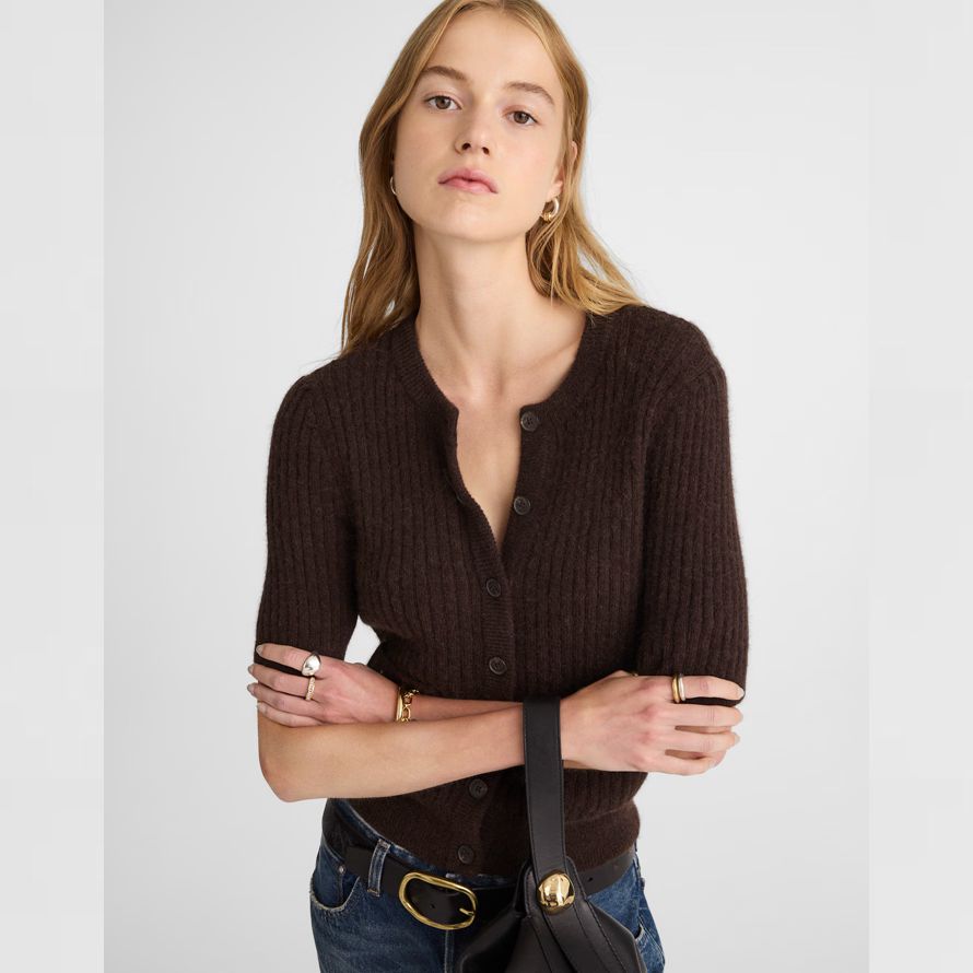 dark brown madewell patch-pocket puff-sleeve womens cardigan