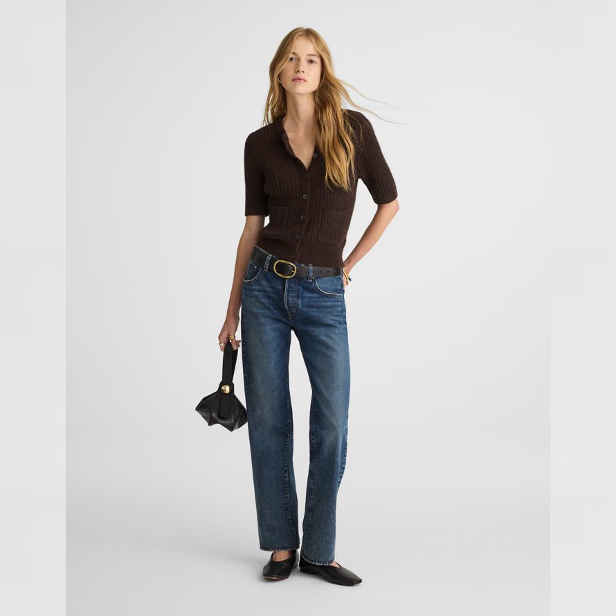 dark brown madewell patch-pocket puff-sleeve womens cardigan