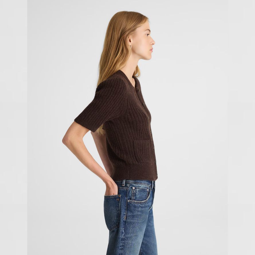 dark brown madewell patch-pocket puff-sleeve womens cardigan