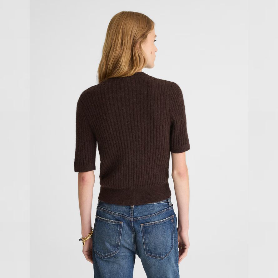 dark brown madewell patch-pocket puff-sleeve womens cardigan