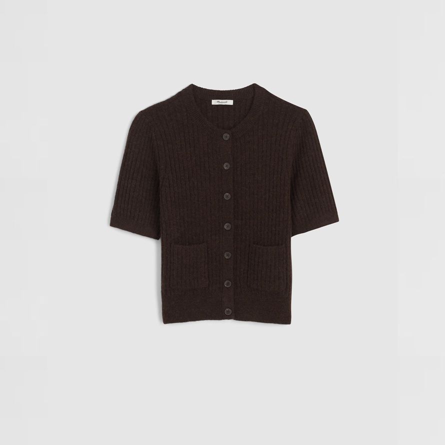 dark brown madewell patch-pocket puff-sleeve womens cardigan