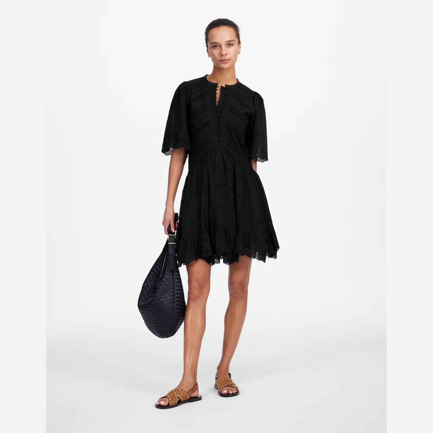 black womens madewell eyelet flutter sleeve mini dress