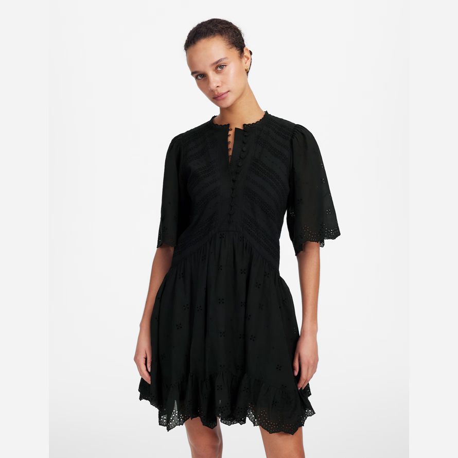black womens madewell eyelet flutter sleeve mini dress