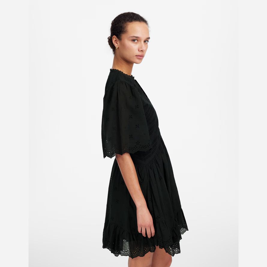 black womens madewell eyelet flutter sleeve mini dress