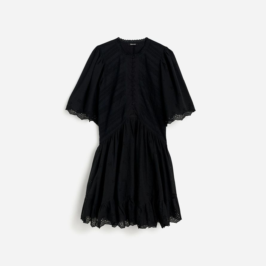 black womens madewell eyelet flutter sleeve mini dress