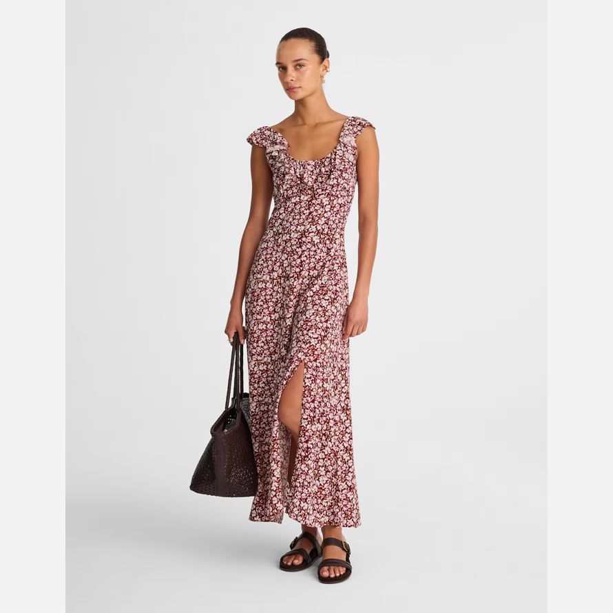 womens madewell ruffled scoopneck maxi dress burgundy beige