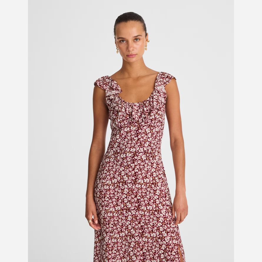 womens madewell ruffled scoopneck maxi dress burgundy beige