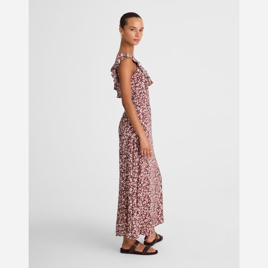 womens madewell ruffled scoopneck maxi dress burgundy beige