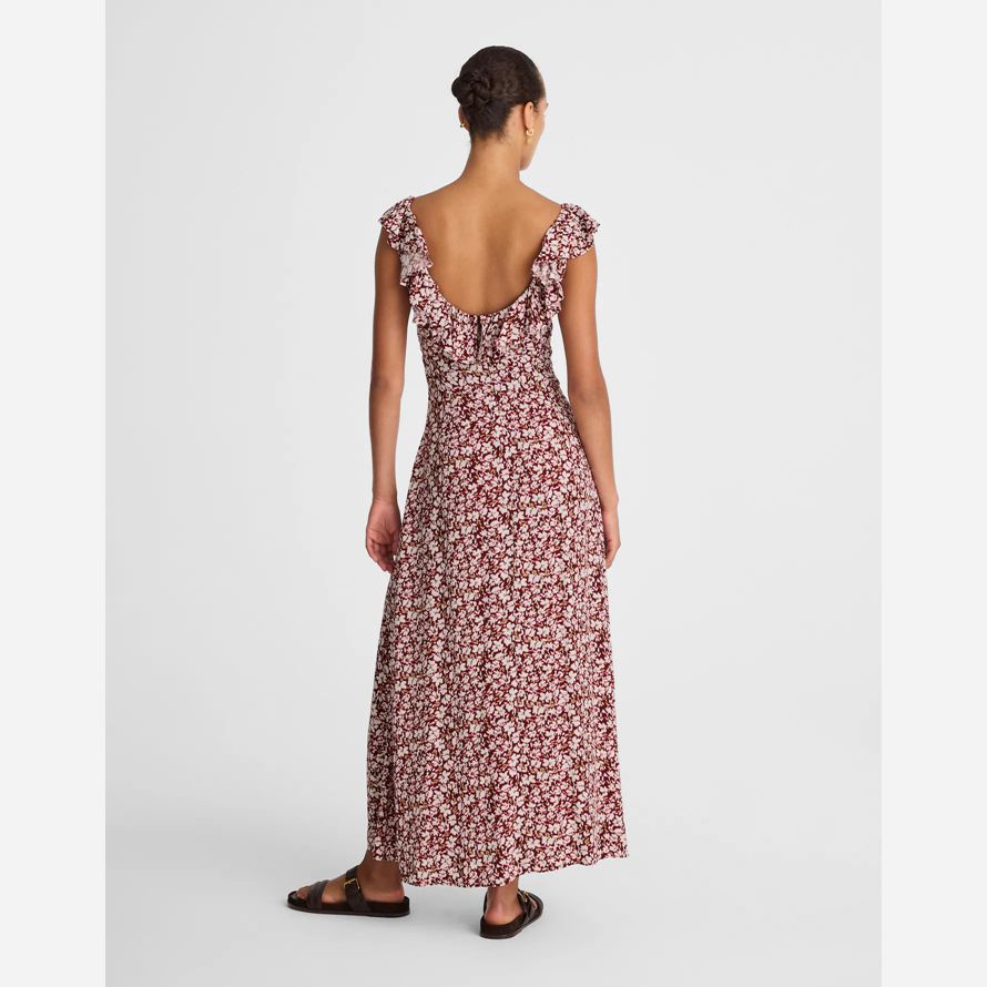 womens madewell ruffled scoopneck maxi dress burgundy beige