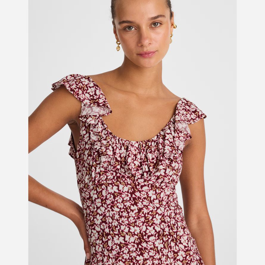 womens madewell ruffled scoopneck maxi dress burgundy beige