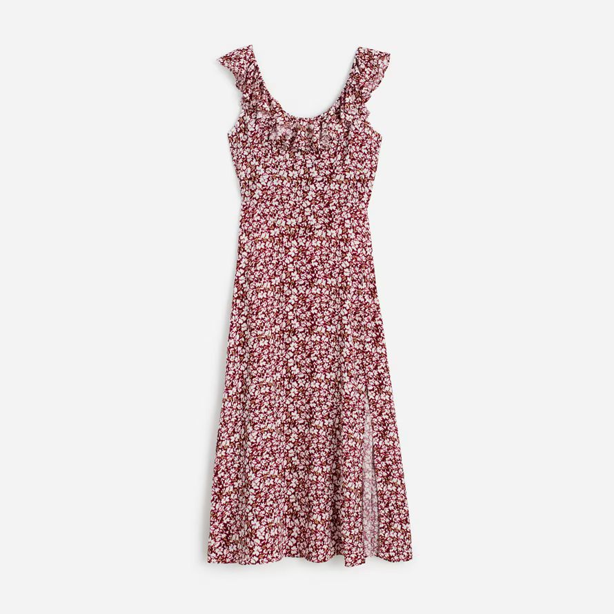 womens madewell ruffled scoopneck maxi dress burgundy beige
