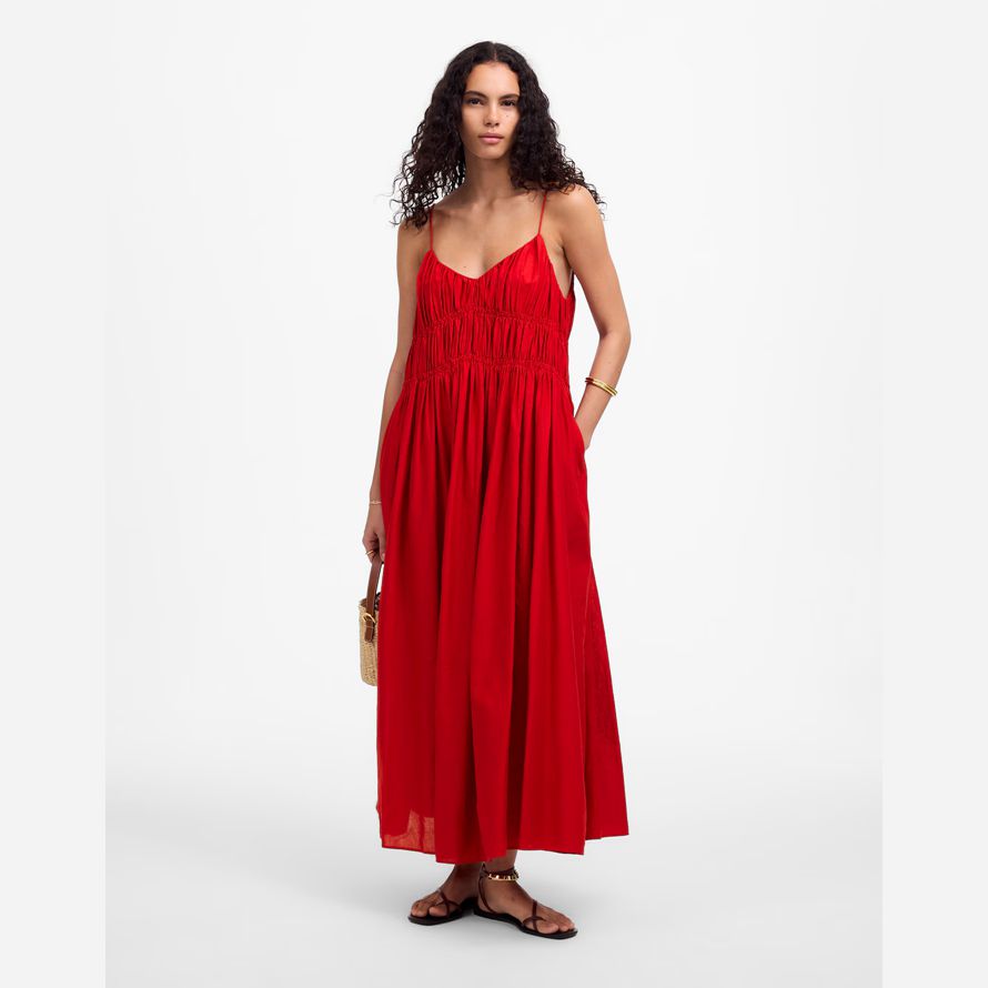 womens madewell textured v-neck midi dress red