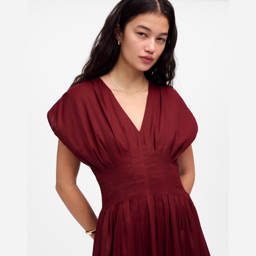 womens madewell pleated v-neck midi dress burgundy