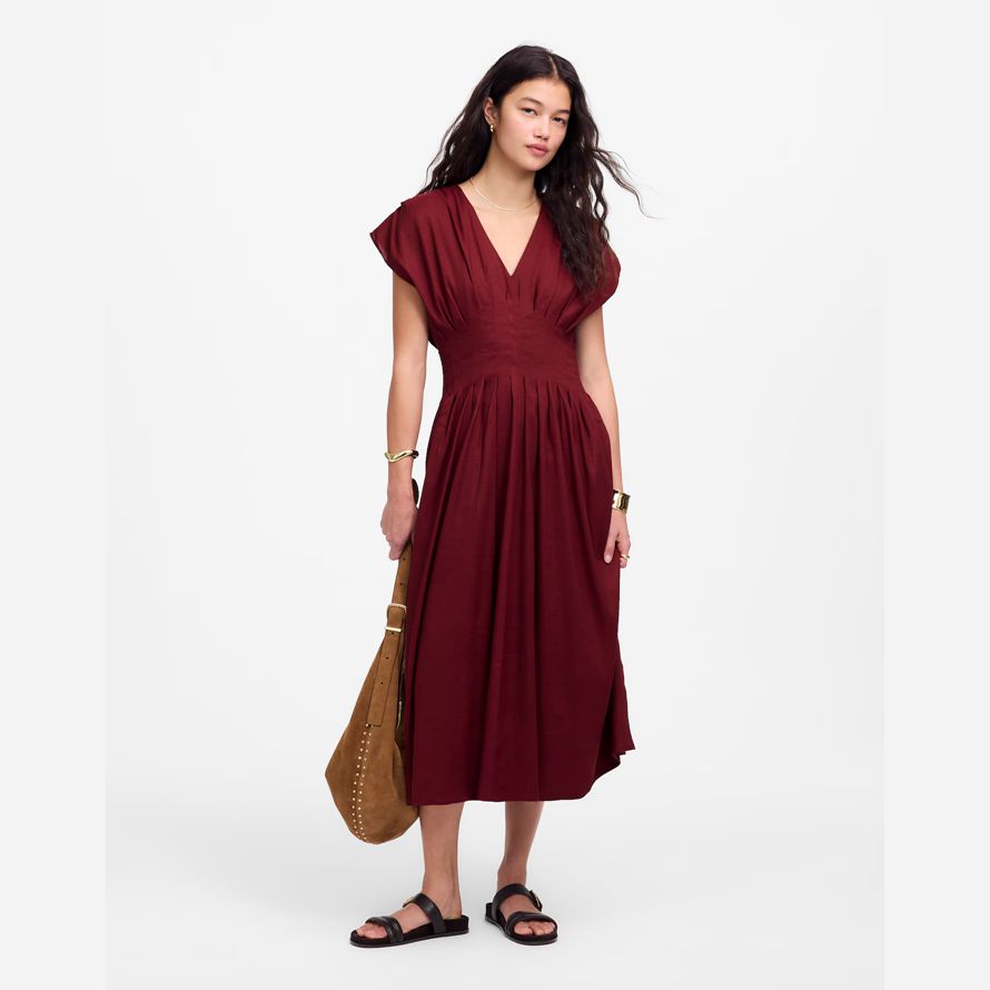 womens madewell pleated v-neck midi dress burgundy