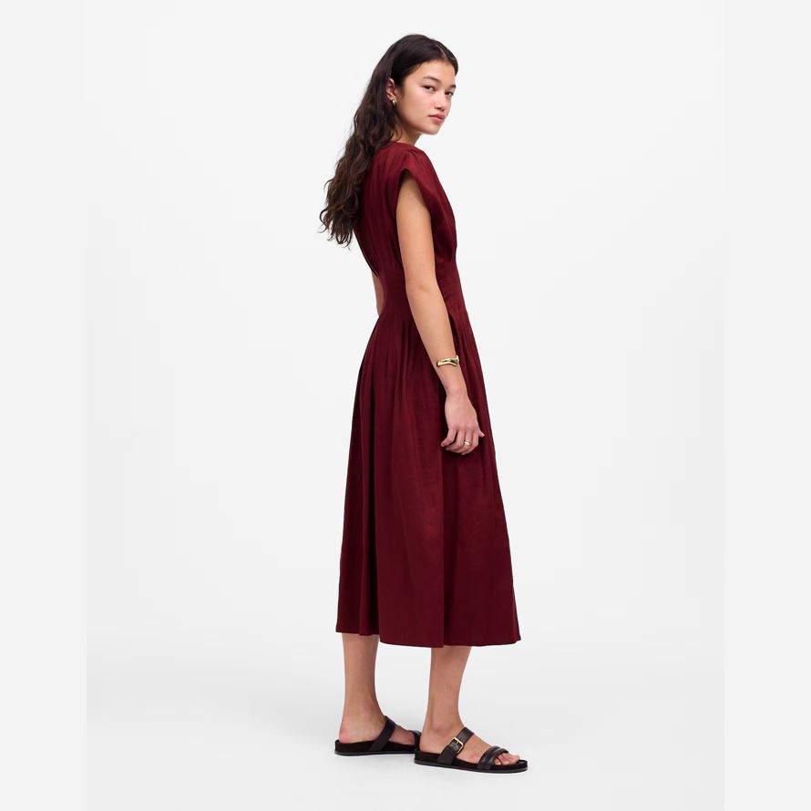 womens madewell pleated v-neck midi dress burgundy