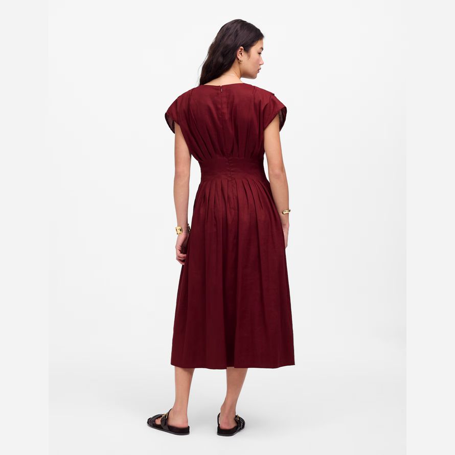 womens madewell pleated v-neck midi dress burgundy
