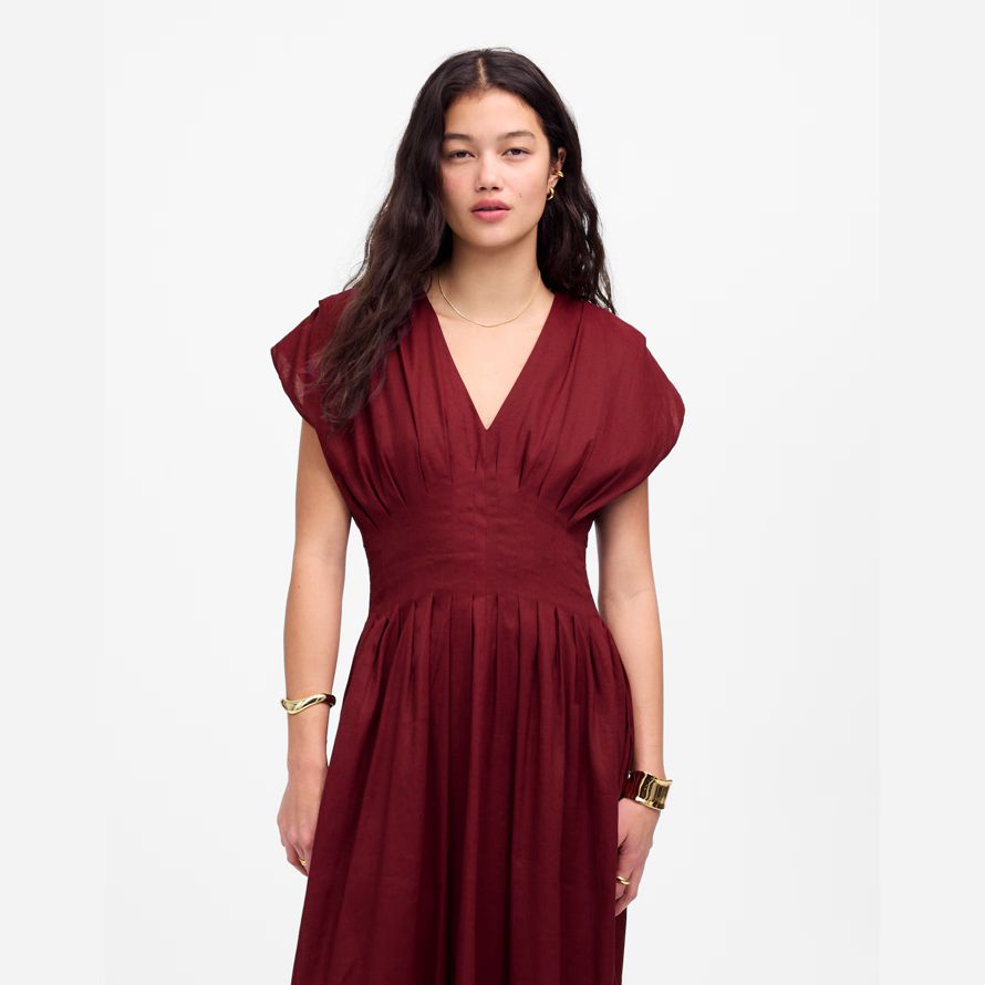 womens madewell pleated v-neck midi dress burgundy