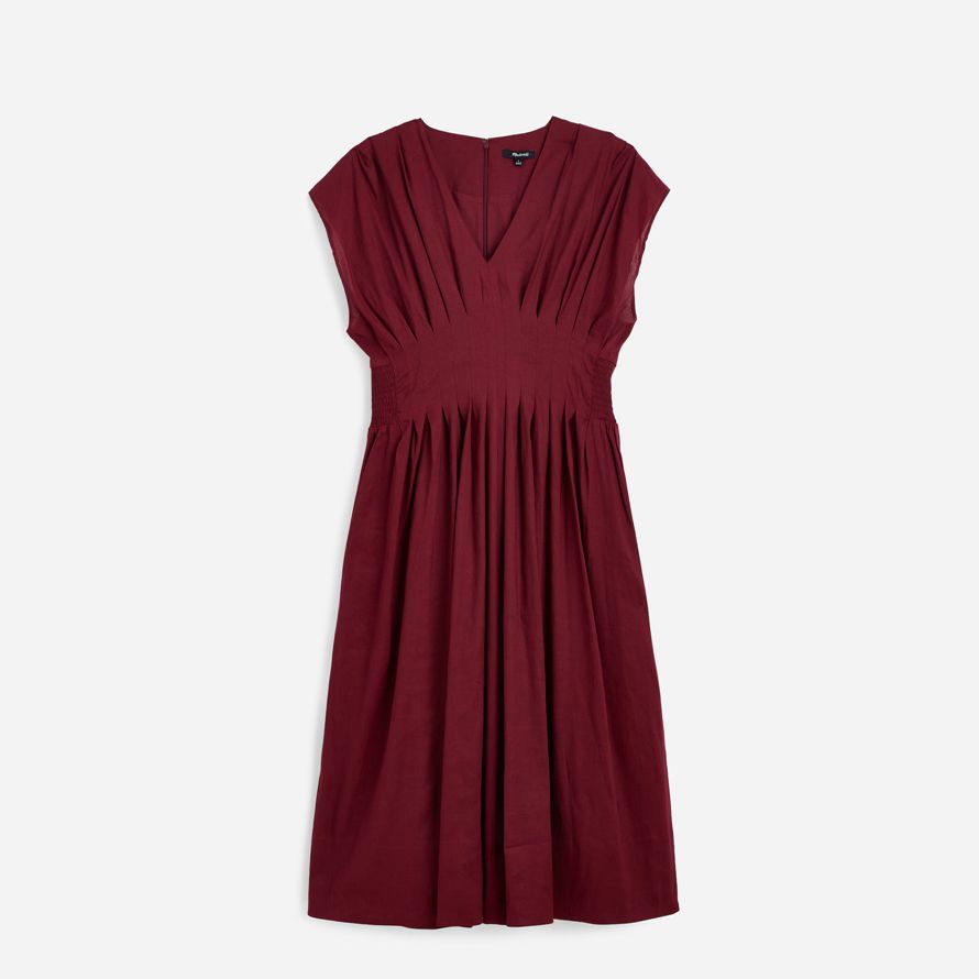 womens madewell pleated v-neck midi dress burgundy