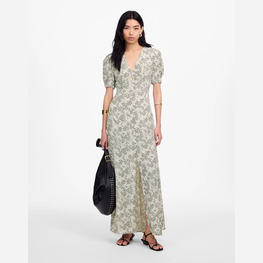 womens madewell puff-sleeve v-neck midi dress cream black