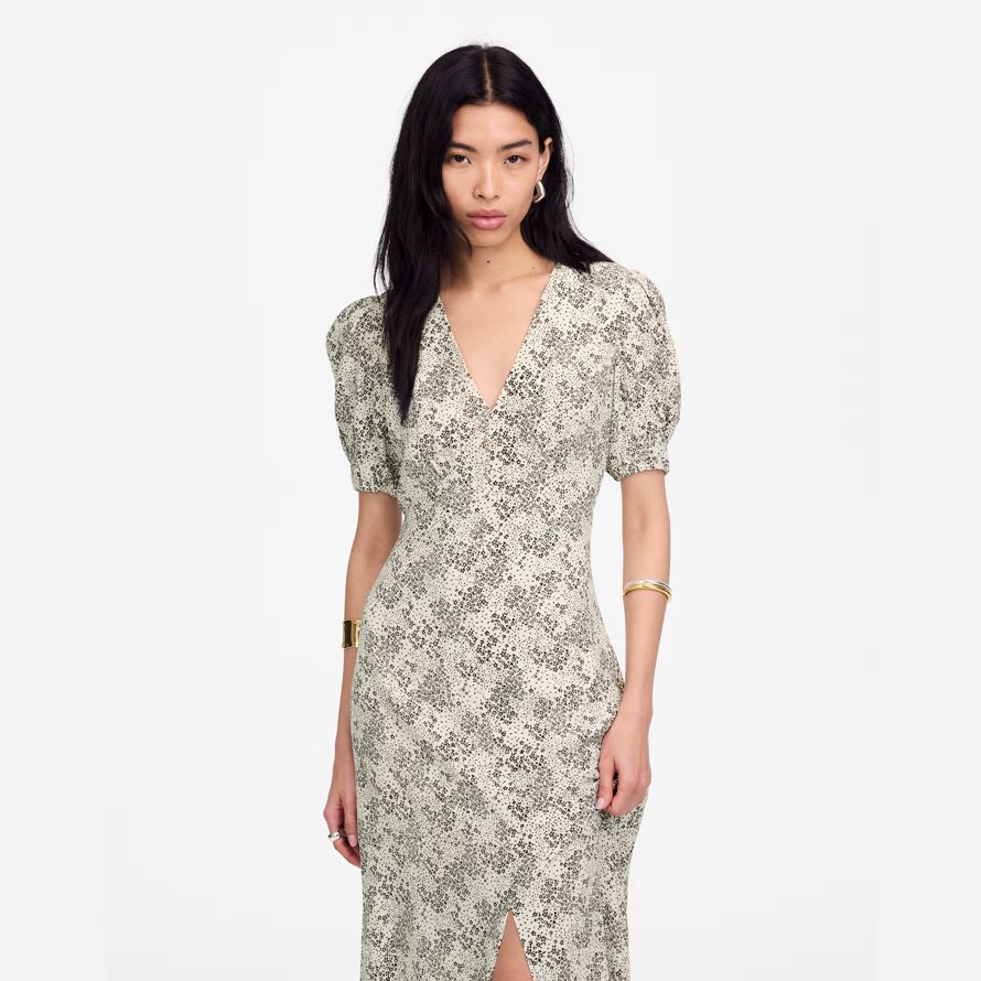 womens madewell puff-sleeve v-neck midi dress cream black