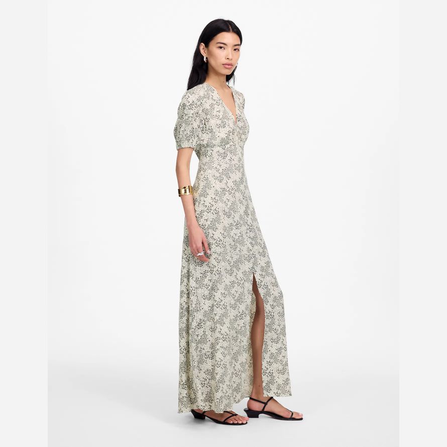 womens madewell puff-sleeve v-neck midi dress cream black