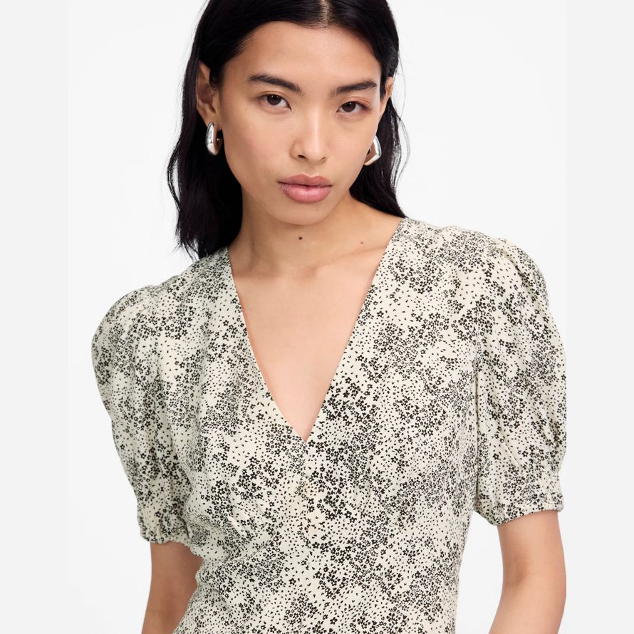 womens madewell puff-sleeve v-neck midi dress cream black