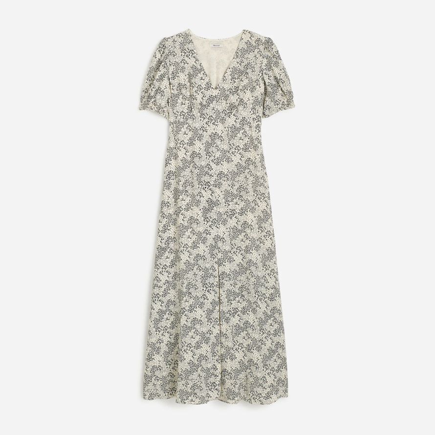 womens madewell puff-sleeve v-neck midi dress cream black