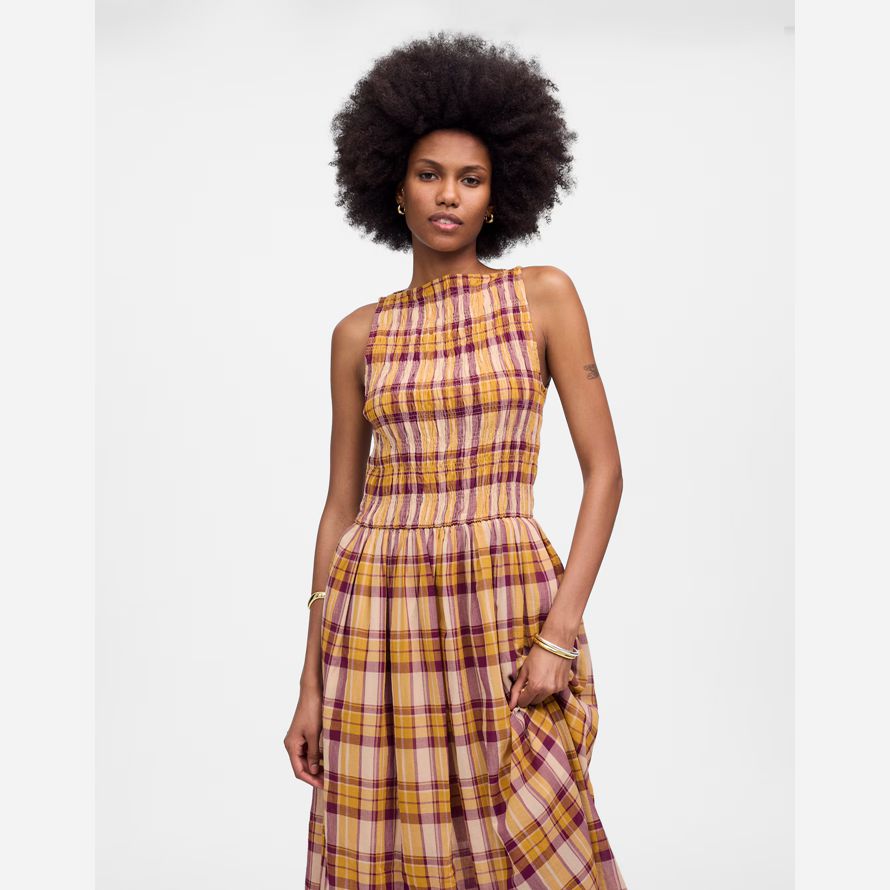 madewell smocked boatneck maxi womens dress yellow pink