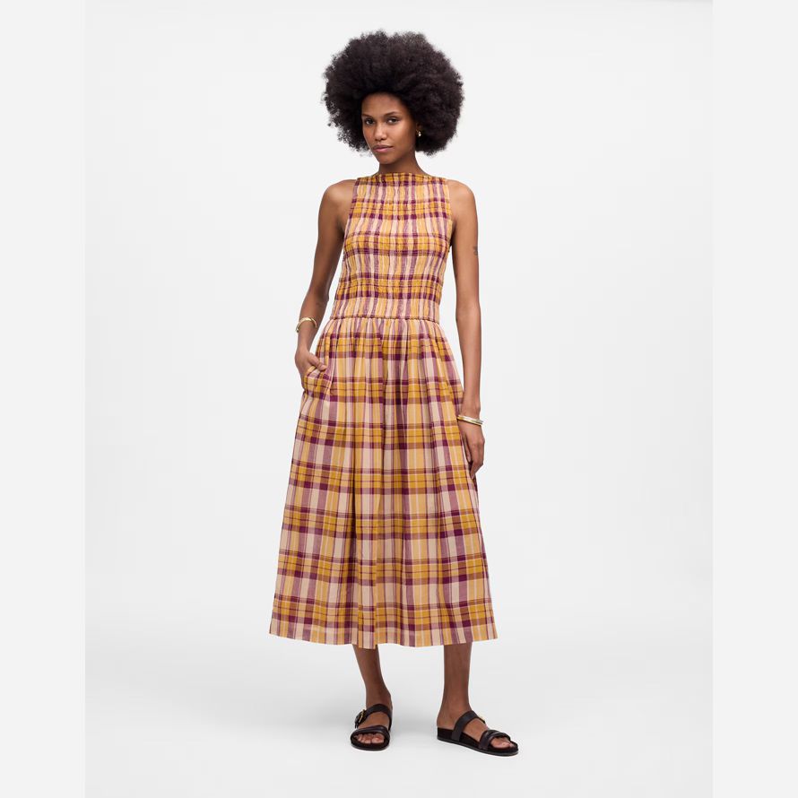 madewell smocked boatneck maxi womens dress yellow pink