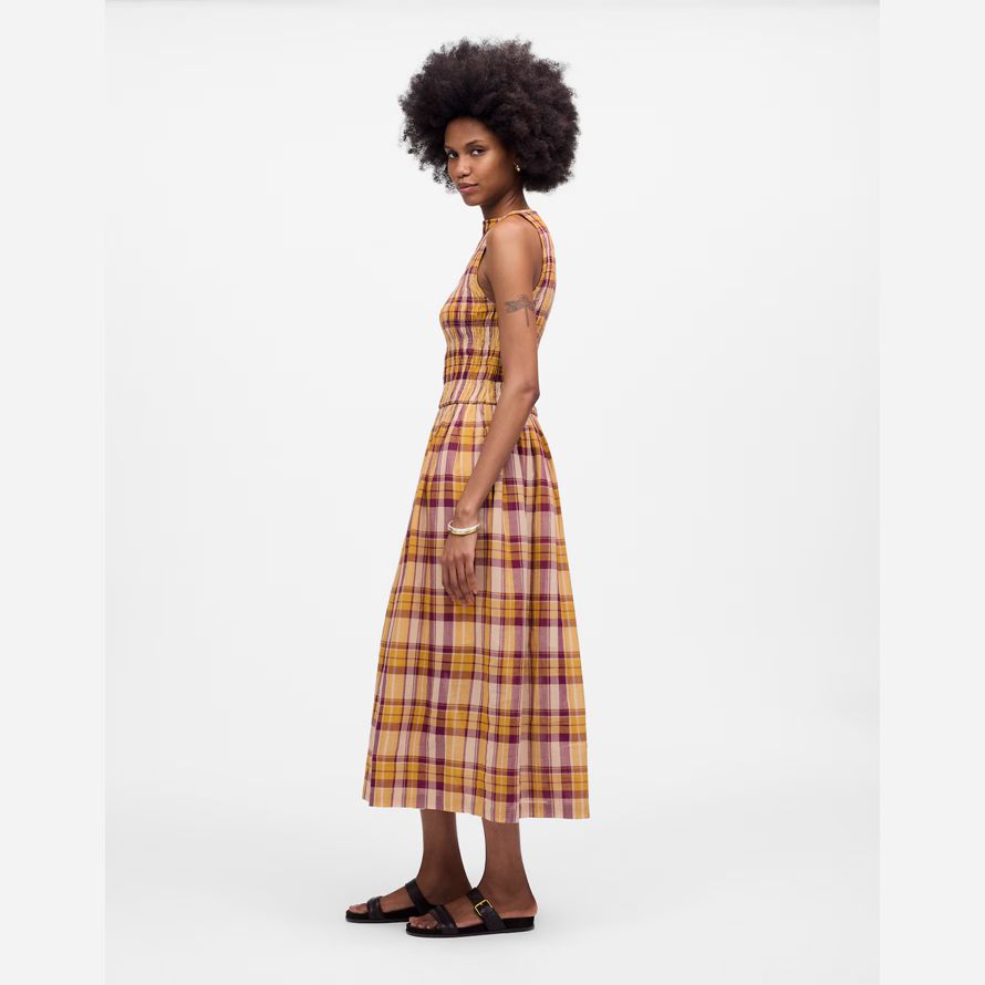 madewell smocked boatneck maxi womens dress yellow pink