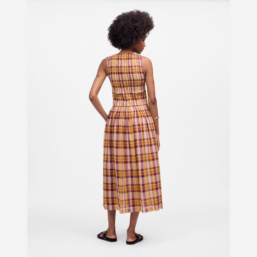 madewell smocked boatneck maxi womens dress yellow pink