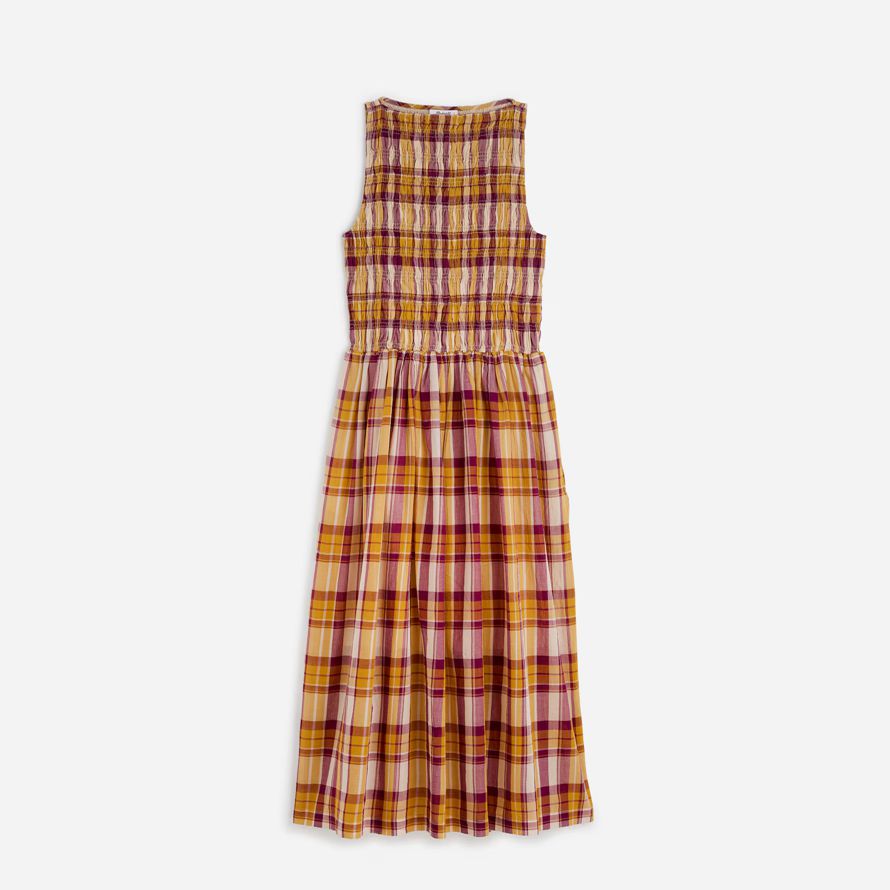 madewell smocked boatneck maxi womens dress yellow pink