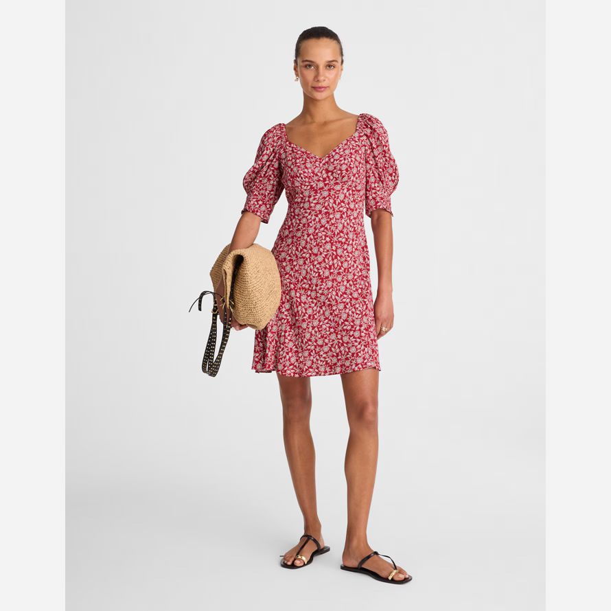 womens madewell puff-sleeve mini dress red white