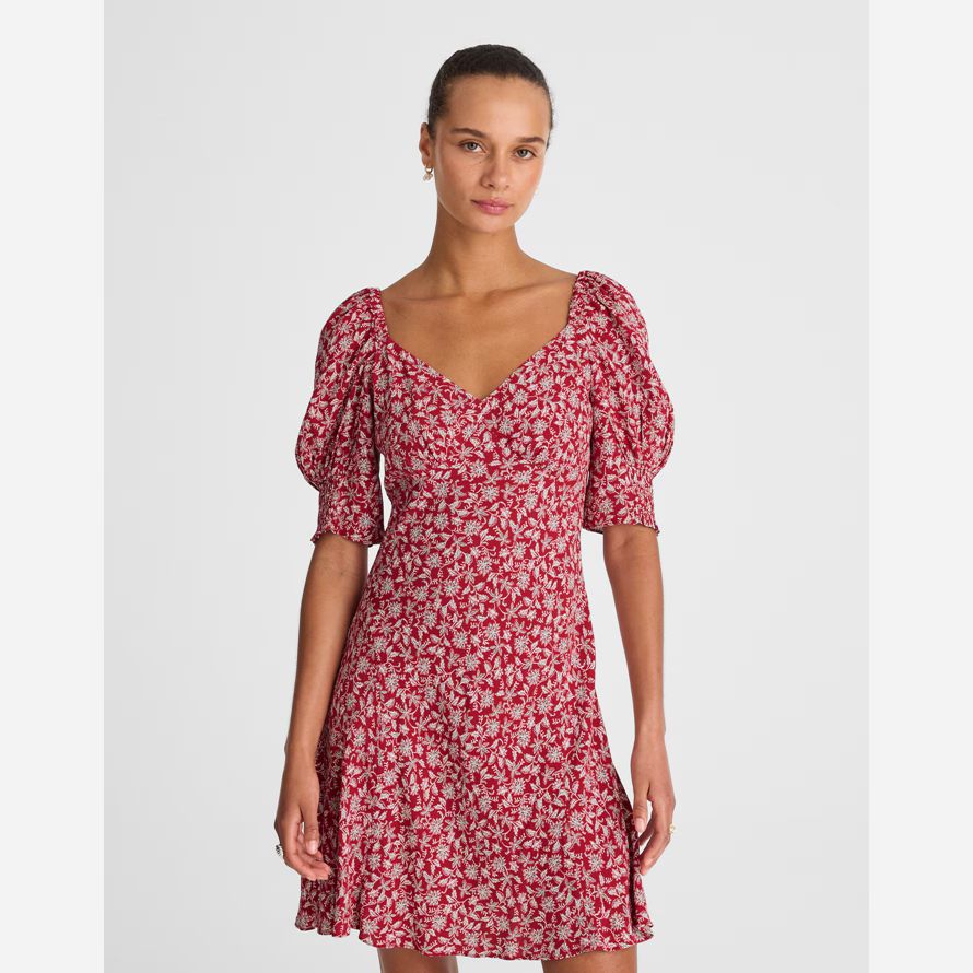 womens madewell puff-sleeve mini dress red white