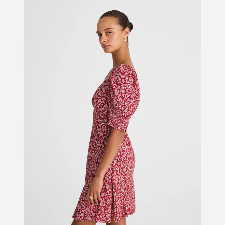 womens madewell puff-sleeve mini dress red white