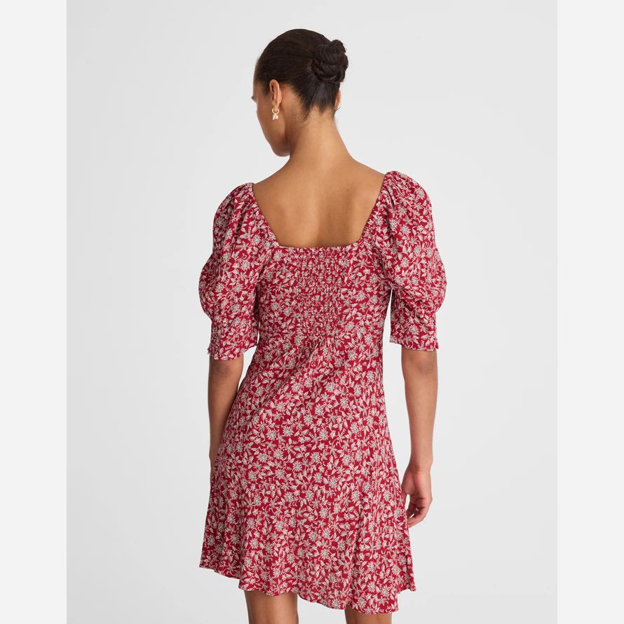 womens madewell puff-sleeve mini dress red white