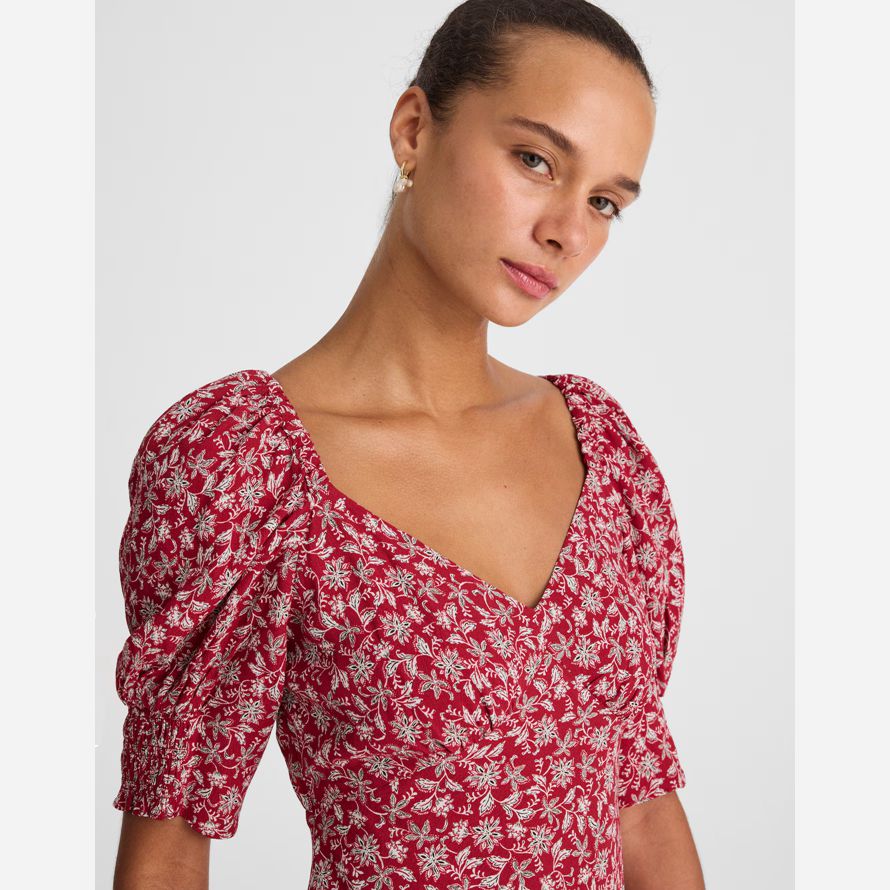 womens madewell puff-sleeve mini dress red white