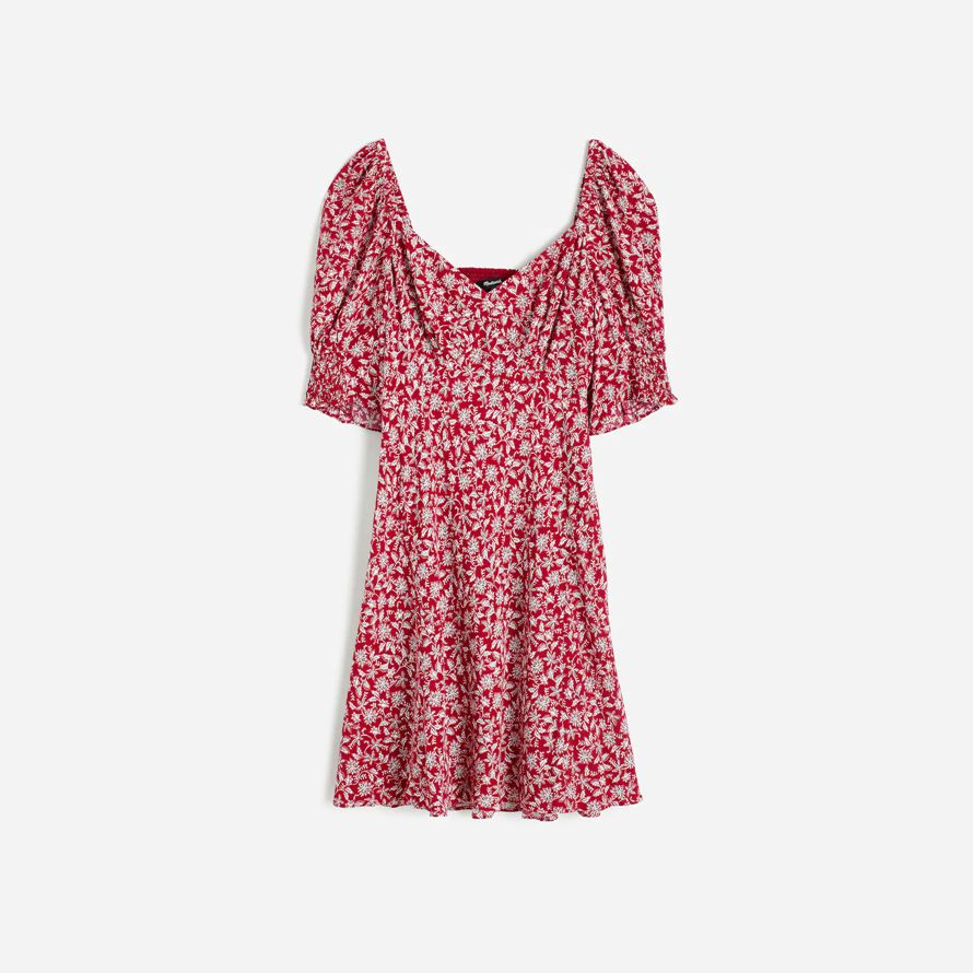 womens madewell puff-sleeve mini dress red white