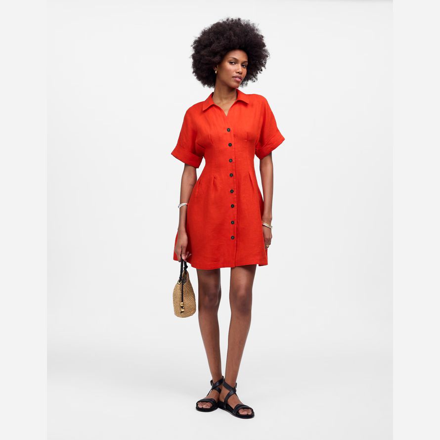 womens madewell pleated mini shirt dress red