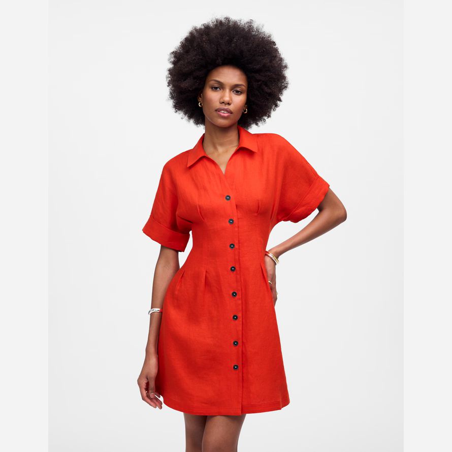 womens madewell pleated mini shirt dress red